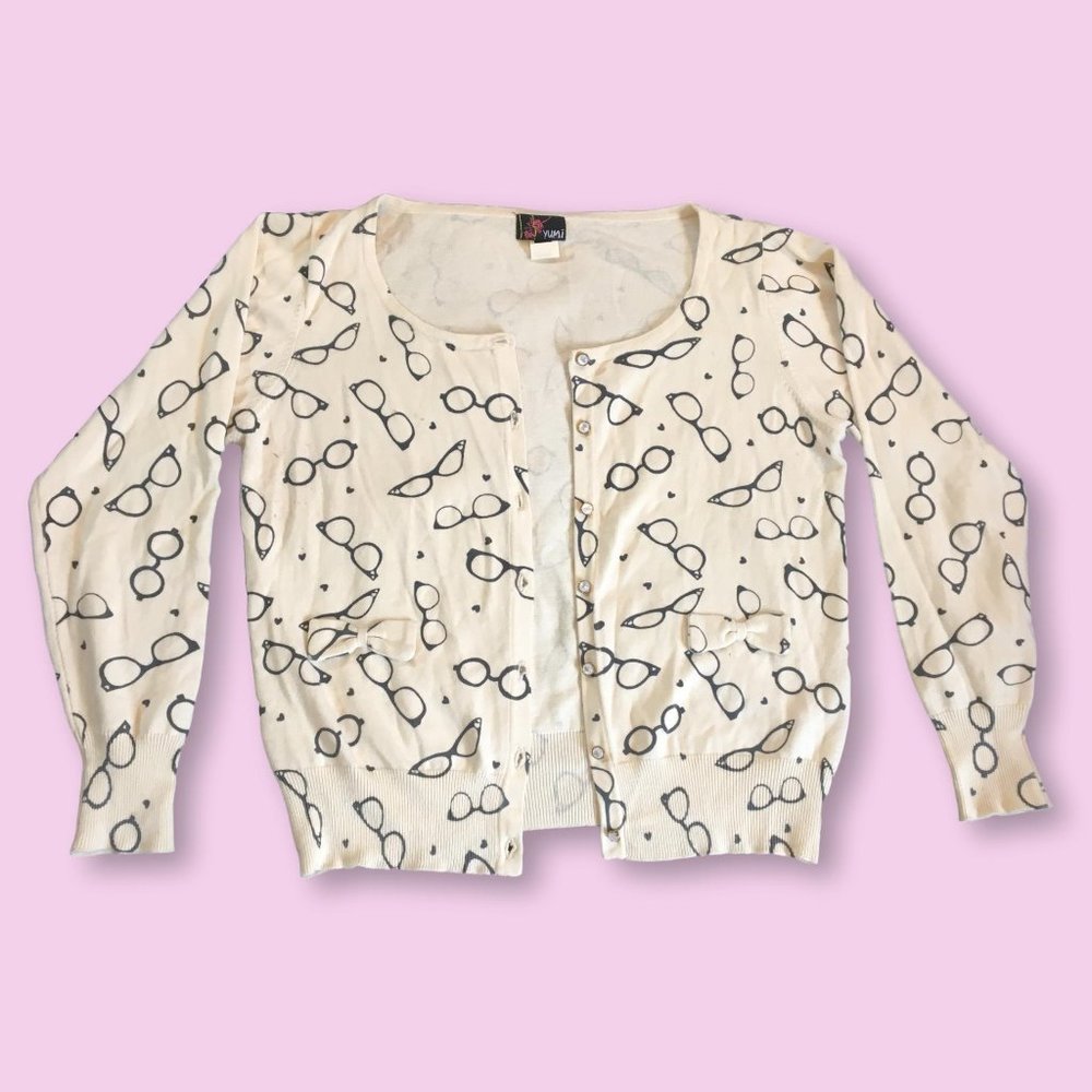 Glasses Crewneck Cardigan Sweater, US Girl's 14